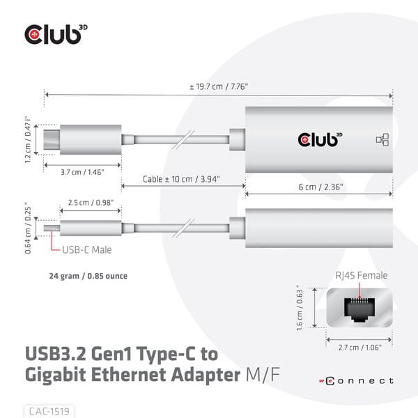 CLUB3D CAC-1519 kabel kønsskifter USB-C RJ-45 Hvid
