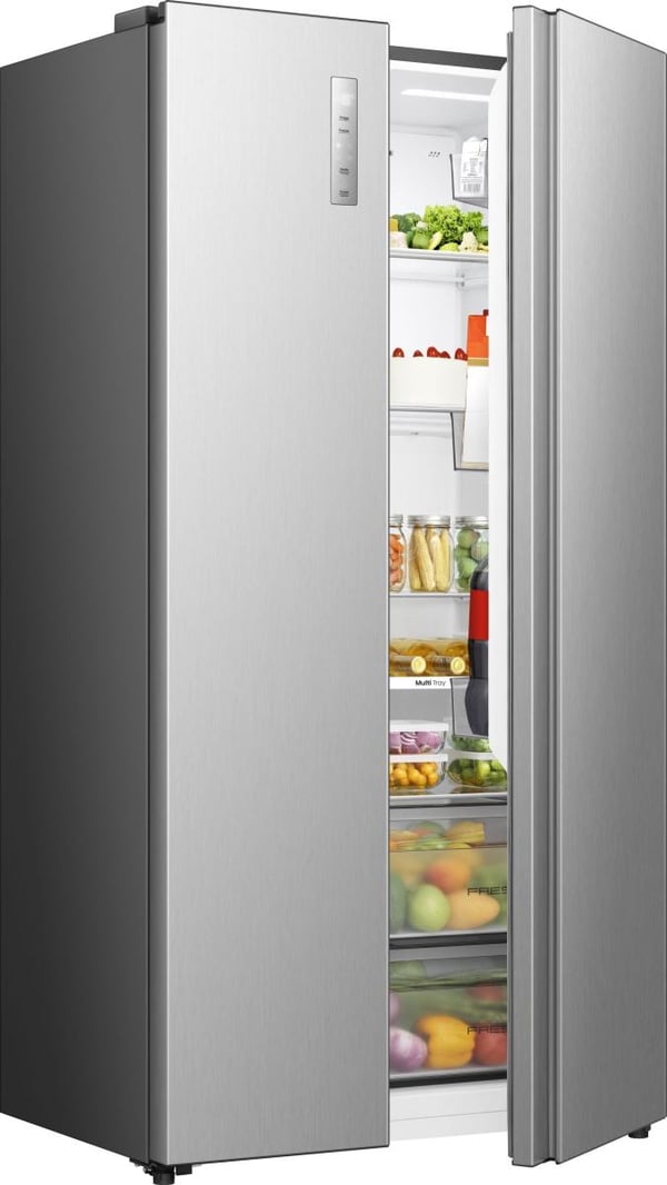 Hisense Rummeligt side by side køle /fryseskab på 544 l med Total No Frost, Multi Air Flow og Super Cool. Stor kapacitet, energieffektiv inverterkompressor og moderne design gør det ideelt til travle husholdninger.
