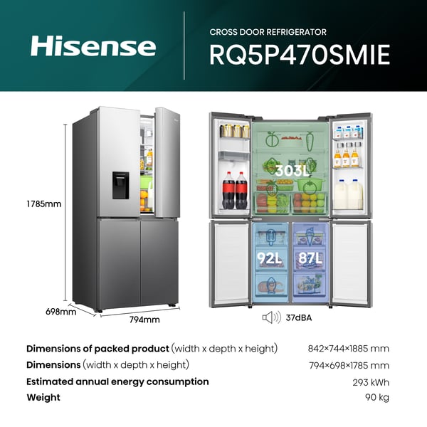 Hisense RQ5P470SMIE køle-/fryseskab Fritstående 482 L Sølv, Rustfrit stål