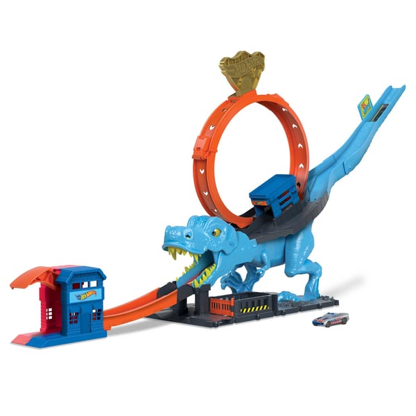 Hot Wheels City -banset med 1 leksaksbil, lekset med T-Rex-loop och stunttrick