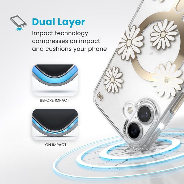 Speck Presidio Lux ClickLock & MagSafe - Cover til iPhone 16 Plus (Sunshine Daisies / Klar / Guld)