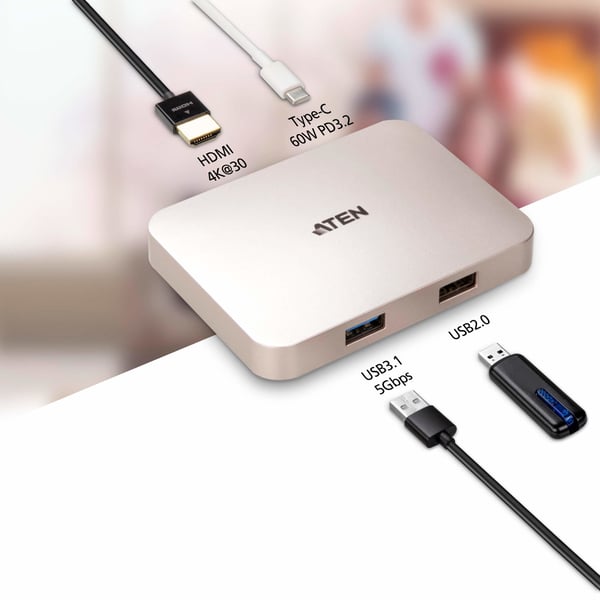 ATEN USB-C 4K ultramini dockningsstation med strömgenomströmning