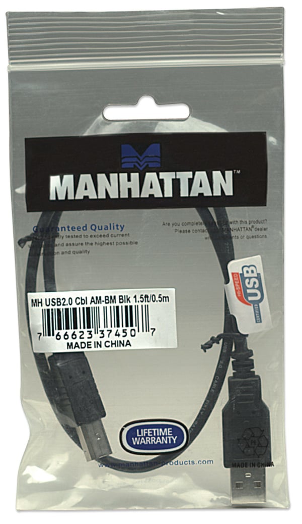 Manhattan 374507 USB-kabel USB 2.0 0,5 m USB A USB B 0,48 Gbit/sek. Sort