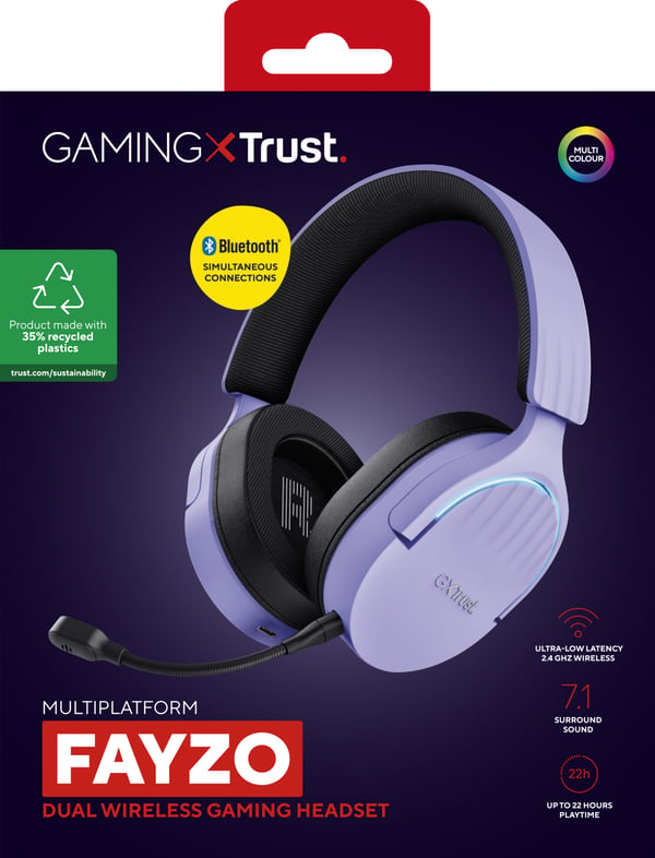 Trust GXT 491P FAYZO Kuulokkeet Langallinen & langaton Pääpanta Pelaaminen USB A-tyyppi Bluetooth Musta, Purppura