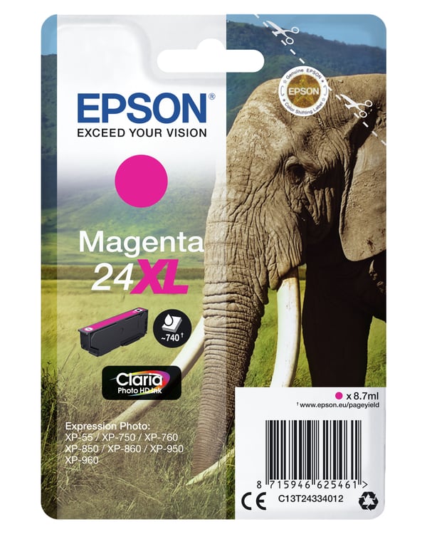 Epson Elephant 24XL Elefant, Claria Photo HD-bläck, Single‚ magenta
