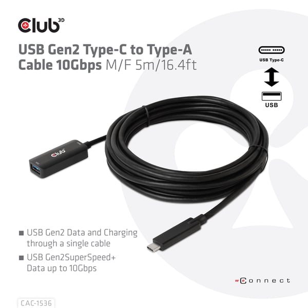 CLUB3D CAC-1536 USB-kabel USB 3.2 Gen 2 (3.1 Gen 2) 5 m USB C USB A 10 Gbit/sek. Sort
