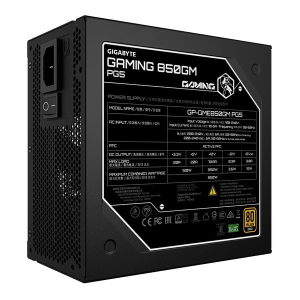 GIGABYTE GAMING 850GM PG5 enhed til strømforsyning 850 W 20+4 pin ATX ATX Sort