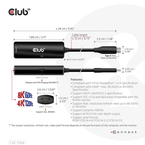 CLUB3D CAC-1588 videokabeladapter 0,17 m USB Type-C HDMI Svart