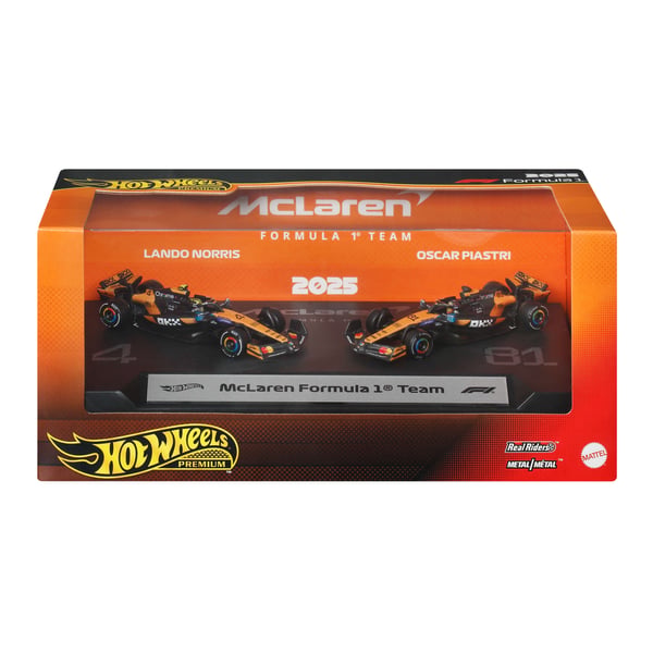 Hot Wheels Premium Formula 1 2-pak med biler i skala 1:64, McLaren Formula 1 Team med Piastri & Norris