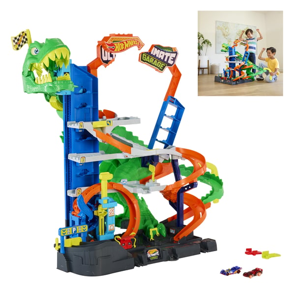 Hot Wheels City Det ultimata T-Rex-garaget med 2 leksaksbilar och förvaring av över 50 bilar, tävla och utför stunttrick, dinosauriefiende