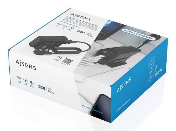 AISENS ASCH-140W4P056-BK oplader til mobil enhed Universel Sort Vekselstrøm Hurtig opladning Indendørs