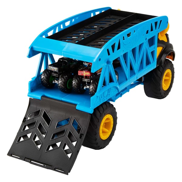 Hot Wheels Monster Trucks , MONSTERTRANSPORTLASTBIL + 3 MONSTERTRUCKS, køretøjspakke
