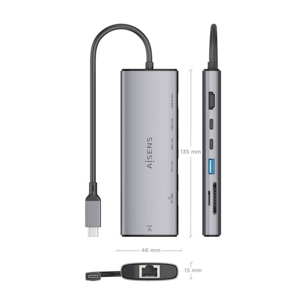 AISENS ASUC-7P032-GR kannettavien tietokoneiden telakka ja porttitoistin Langallinen USB 3.2 Gen 1 (3.1 Gen 1) Type-C Harmaa
