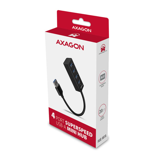 Axagon HUE-M1A gränssnittshubbar USB 3.2 Gen 1 (3.1 Gen 1) Type-A 5000 Mbit/s Svart