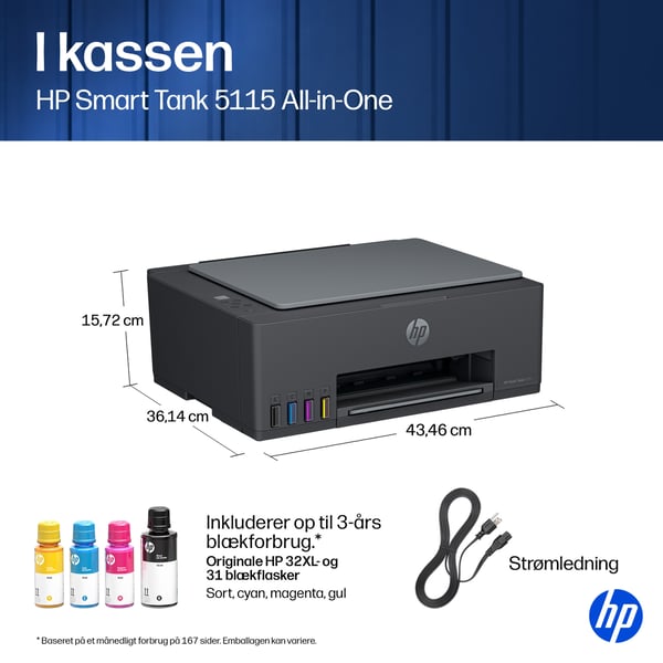 HP Smart Tank 5115 Trådløst All-in-One Farve Printer, Up to 2 Years of ink included; Two-sided printing; Copier, Scanner