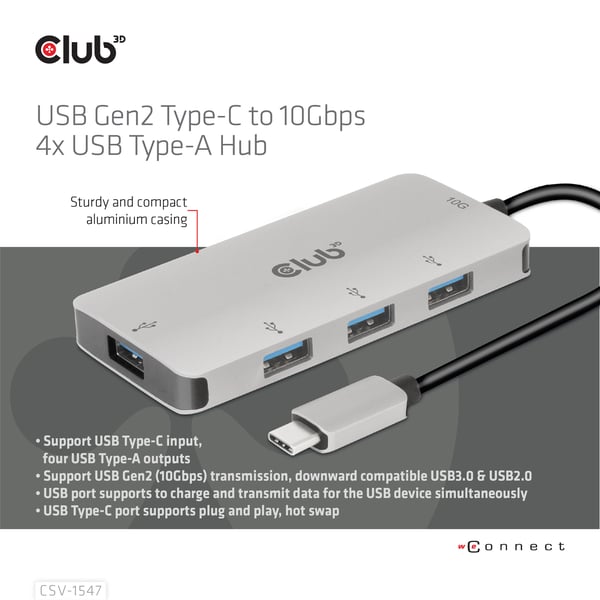 CLUB3D CSV-1547 gränssnittshubbar USB 3.2 Gen 2 (3.1 Gen 2) Type-C 10000 Mbit/s Svart, Silver