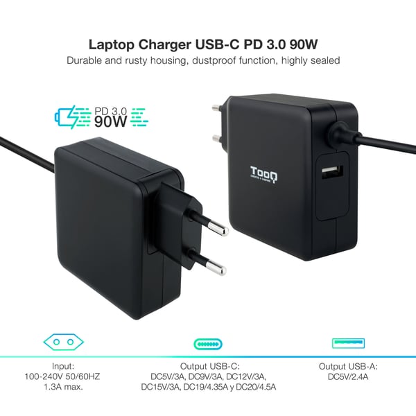 TooQ TQLC-USBC90PD strømadapter og vekselret Automatisk 90 W Sort