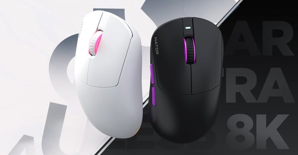 HATOR Quasar 3 Ultra 8K+8K Wireless gamingmus, 2.4 GHz + Bluetooth + USB, Optical 100M Switches, PixArt PAW3950, RGB, Web SyncHUB™, Vit-violett