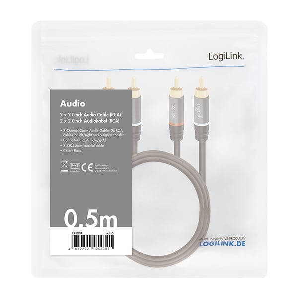 LogiLink CA1201 audiokaapeli 0,5 m 2 x RCA Musta