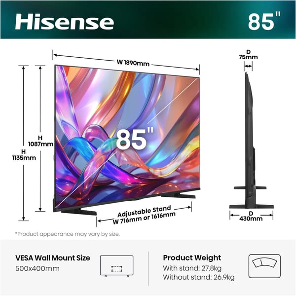 Hisense 85E7S 2,16 m (85") 4K Ultra HD Smart TV Wi-Fi Sort