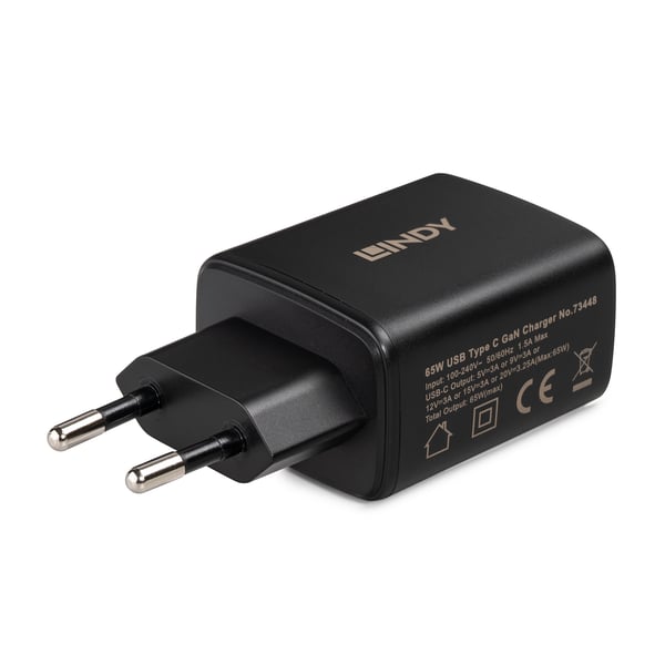 Lindy 65W USB Type C GaN-oplader med EU-stik