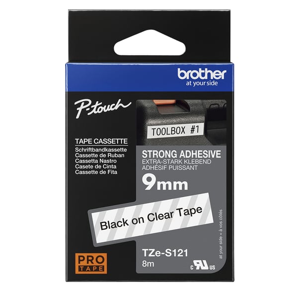 Brother TZe-S121 - Ekstremt stærkt klæbende - sort på gennemsigtig - rulle (0,9 cm x 8 m)