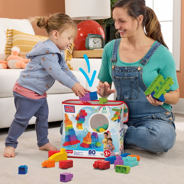 MEGA BLOKS Fisher-Price-legetøjsklodser, blå, stor pose med byggeklodser med opbevaring (80 dele) til tumling