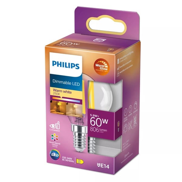 Philips Filament kronepære, klar 60 W P45 E14