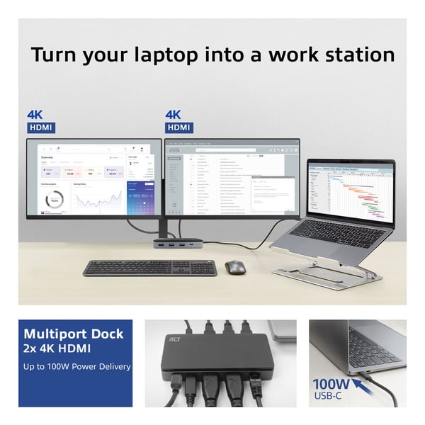 ACT AC7093 kannettavien tietokoneiden telakka ja porttitoistin Langallinen USB 3.2 Gen 1 (3.1 Gen 1) Type-C Musta, Harmaa