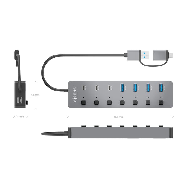 AISENS ASUC-8P043-GR gränssnittshubbar USB 3.2 Gen 1 (3.1 Gen 1) Type-A 5000 Mbit/s Grå
