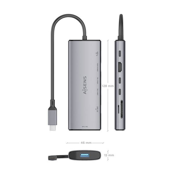 AISENS ASUC-7P031-GR kannettavien tietokoneiden telakka ja porttitoistin Langallinen USB 3.2 Gen 1 (3.1 Gen 1) Type-C Harmaa
