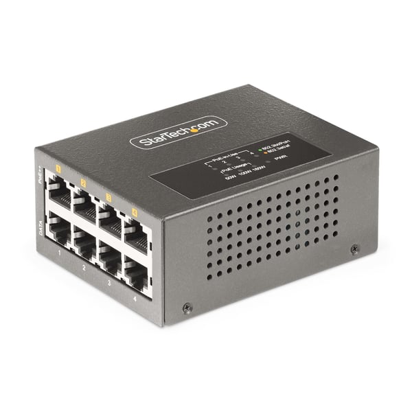 StarTech.com Multi-Gigabit PoE++-injektor med 4 portar, 5/2,5/1G Ethernet (NBASE-T), PoE/PoE+/PoE++ (802.3af/802.3at/802.3bt), 160 Watts effektbudget, monterbar på vägg/DIN-skena, ej hanterad
