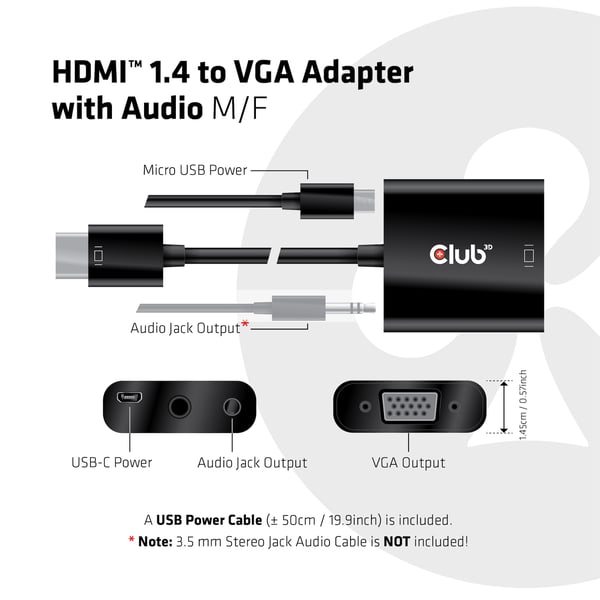 CLUB3D CAC-1302 videokaapeli-adapteri 0,5 m HDMI-tyyppi A (vakio) VGA (D-Sub) Musta