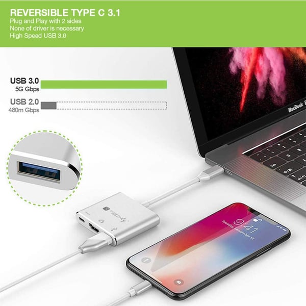 Techly IADAP USB31-HDMIPTY kannettavien tietokoneiden telakka ja porttitoistin Langallinen USB 3.2 Gen 1 (3.1 Gen 1) Type-C Hopea