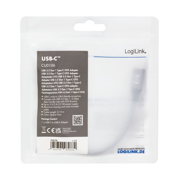 LogiLink CU0106 USB-kablar USB 3.2 Gen 1 (3.1 Gen 1) 0,15 m USB C USB A Grå