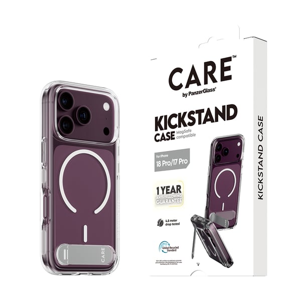 PanzerGlass CARE™ by ® Kickstand Case Transparent w. White MagSafe iPhone 2026 Pro | 17 Pro mobiltelefonfodral Mobilskal