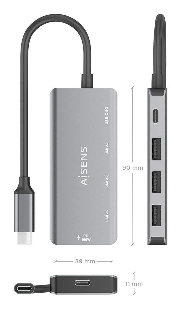 AISENS A109-0945 kannettavien tietokoneiden telakka ja porttitoistin Langallinen USB 3.2 Gen 1 (3.1 Gen 1) Type-C Harmaa