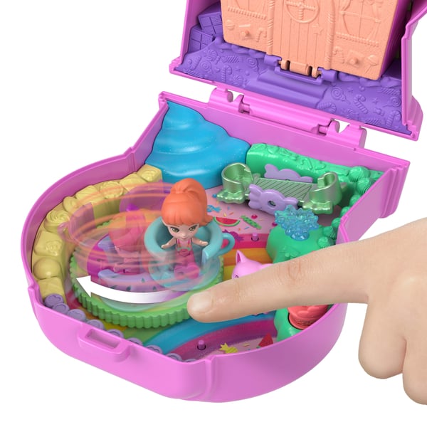 Polly Pocket Polly Pocket-tyggegummikillingeæske-legesæt med 1 mikrodukke og kæledyr, rejselegetøj med frugttilbehør og ture