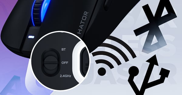 HATOR Quasar 3 Wireless gamingmus, 2.4 GHz + Bluetooth + USB, Optical Yellow 100M Switches, PixArt PAW3311, RGB, Web SyncHUB™, Sort