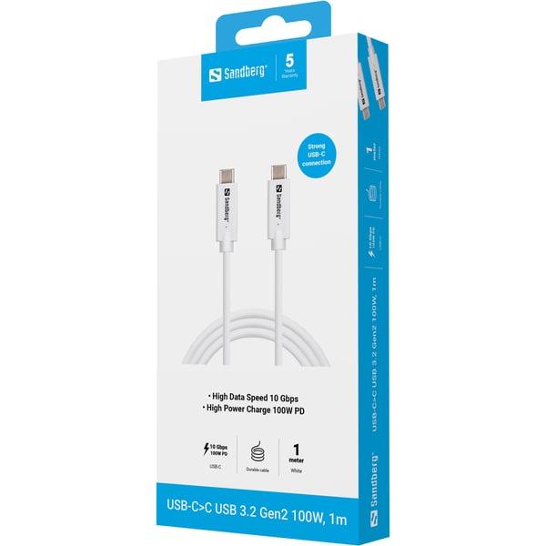 Sandberg 136-53 USB-kaapeli USB 3.2 Gen 2 (3.1 Gen 2) 1 m USB C 10 Gbit/s 100 W Valkoinen