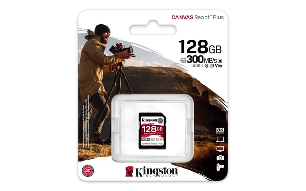Kingston Technology 128 GB Canvas React Plus SDXC UHS-II 300R/260W U3 V90 i fuld HD/4K/8K