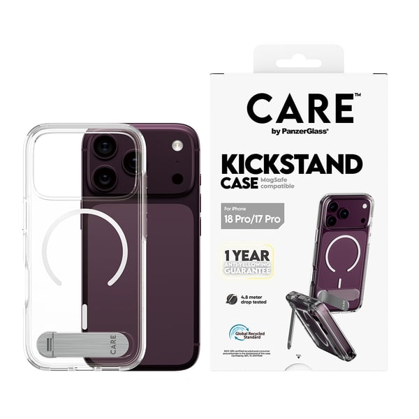PanzerGlass CARE™ by ® Kickstand Case Transparent w. White MagSafe iPhone 2026 Pro | 17 Pro mobiltelefonfodral Mobilskal