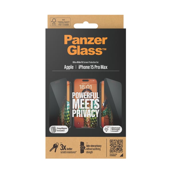 PanzerGlass ® Privacy Screen Protector iPhone 15 Pro Max | Ultra-Wide Fit w. EasyAligner Genomskinligt skärmskydd Apple 1 styck
