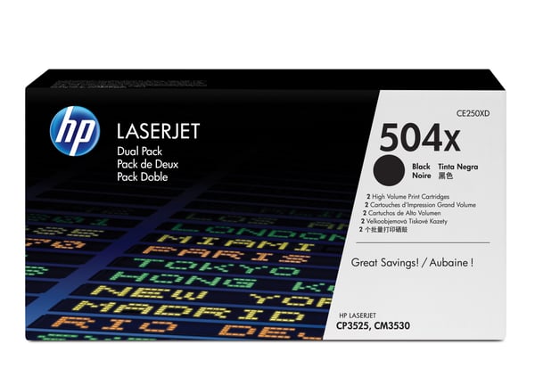 HP 504X, alkuperäinen riittoisa musta LaserJet-värikasetti, kaksoispakkaus