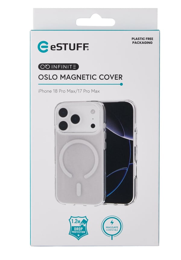 eSTUFF INFINITE (GRS) OSLO iPhone 18 Pro Max/17 Pro Max Clear Magnetic Cover. Material: 65% (GRS) recycled PC and 21% (GRS) recycled TPU mobiltelefon etui Transparent