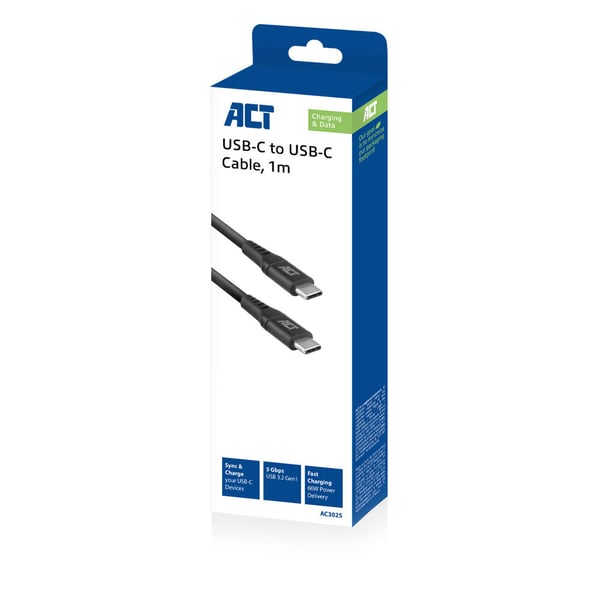 ACT AC3025 USB-kabel USB 3.2 Gen 1 (3.1 Gen 1) 1 m USB C 5 Gbit/sek. 60 W Sort