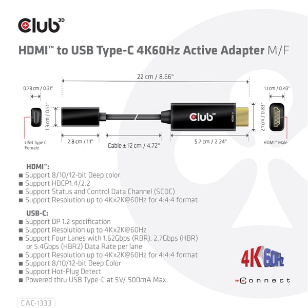 CLUB3D CAC-1333 videokabeladapter 0,22 m HDMI Typ A (standard) USB Type-C Svart