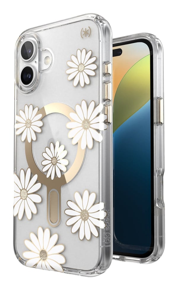 Speck Presidio Lux ClickLock & MagSafe - Cover til iPhone 16 Plus (Sunshine Daisies / Klar / Guld)