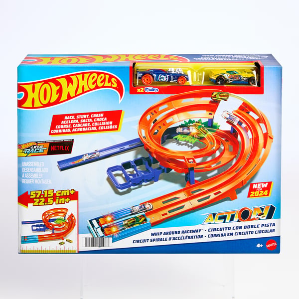 Hot Wheels Action Whip Around Raceway, två leksaksbilar i skala 1:64, förvaring