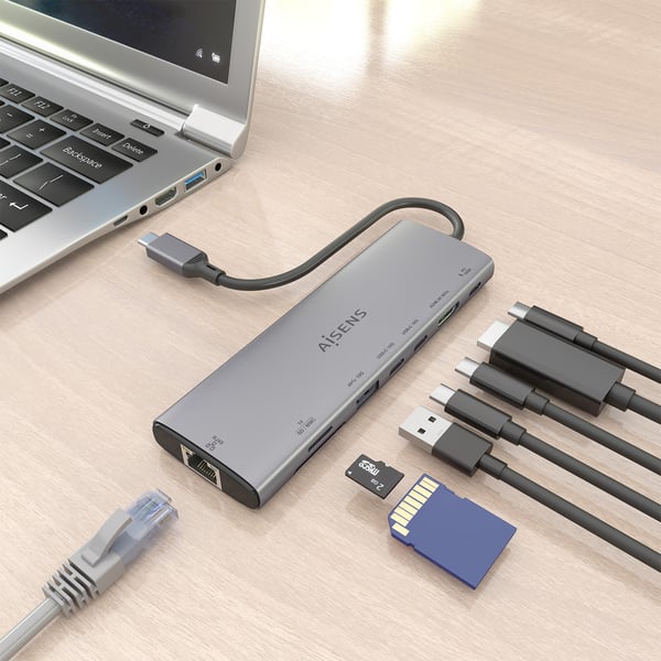 AISENS ASUC-8P033-GR kannettavien tietokoneiden telakka ja porttitoistin Langallinen USB 3.2 Gen 1 (3.1 Gen 1) Type-C Harmaa